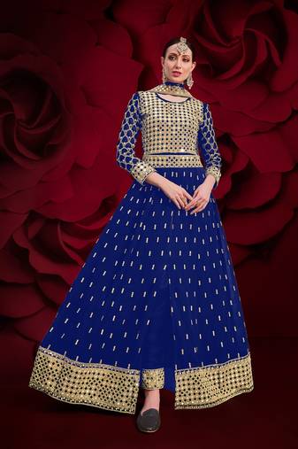 blue georgette embroidery zari and diamond semi stitched suit