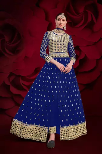blue georgette embroidery zari and diamond semi stitched suit