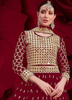 red georgette embroidery zari and diamond semi stitched suit 2