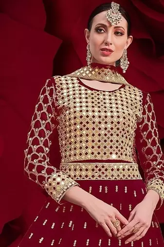 red georgette embroidery zari and diamond semi stitched suit