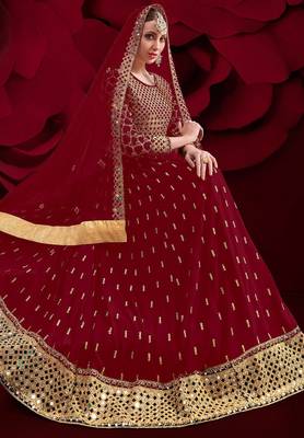 red georgette embroidery zari and diamond semi stitched suit 1
