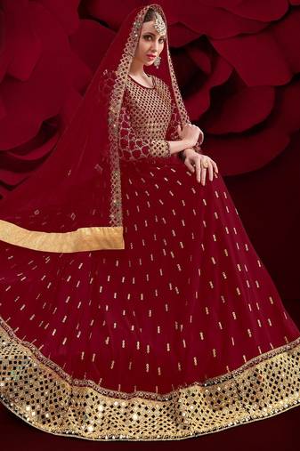 red georgette embroidery zari and diamond semi stitched suit
