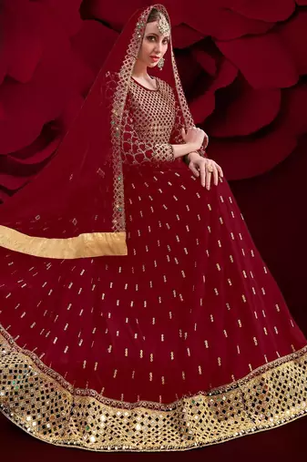 red georgette embroidery zari and diamond semi stitched suit
