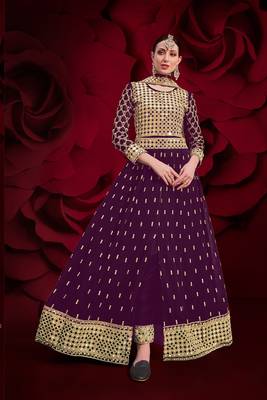 violet georgette embroidery zari and diamond semi stitched suit 1