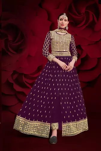 violet georgette embroidery zari and diamond semi stitched suit