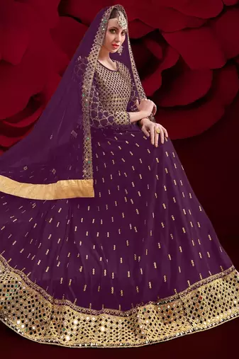 violet georgette embroidery zari and diamond semi stitched suit