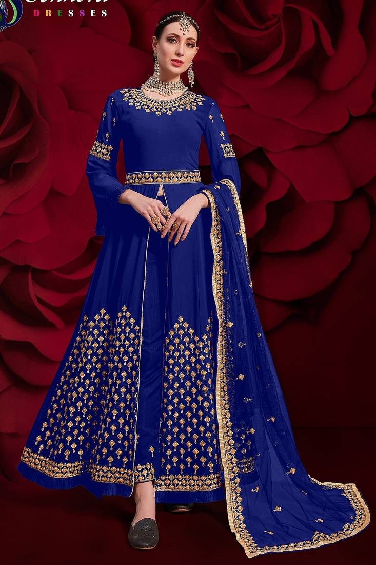 blue georgette embroidery zari and diamond semi stitched suit