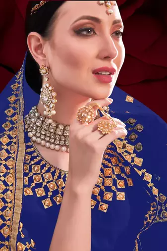 blue georgette embroidery zari and diamond semi stitched suit