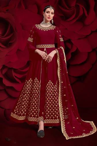 maroon georgette embroidery zari and diamond semi stitched suit