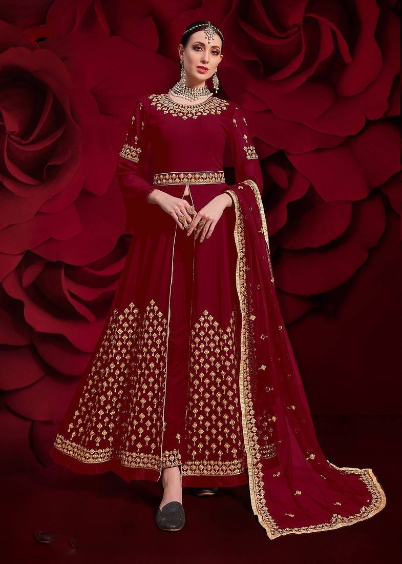 maroon georgette embroidery zari and diamond semi stitched suit