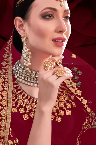 maroon georgette embroidery zari and diamond semi stitched suit