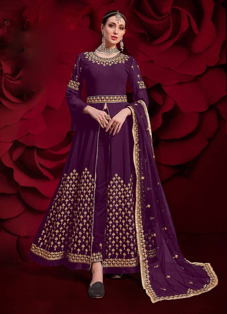 purple georgette embroidery zari and diamond semi stitched suit