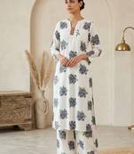 white cotton blend printed semi stitched suit