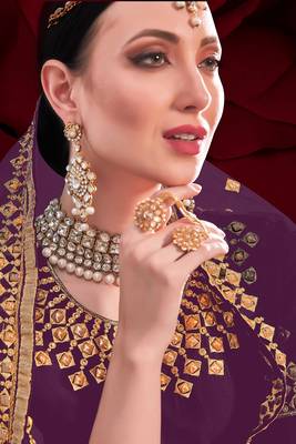 purple georgette embroidery zari and diamond semi stitched suit 2