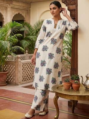 white cotton blend printed semi stitched suit 3