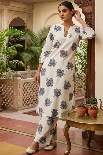 white cotton blend printed semi stitched suit