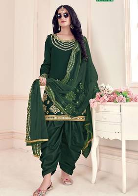 green silk blend embroidered sequined & plastic mirror semi stitched suit 1