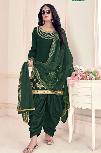 green silk blend embroidered sequined & plastic mirror semi stitched suit
