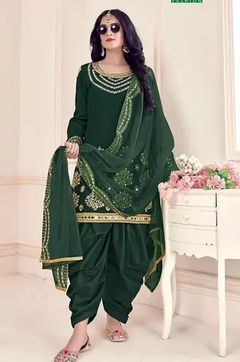 green silk blend embroidered sequined & plastic mirror semi stitched suit