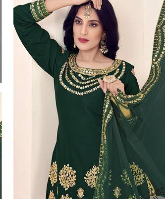 green silk blend embroidered sequined & plastic mirror semi stitched suit 2