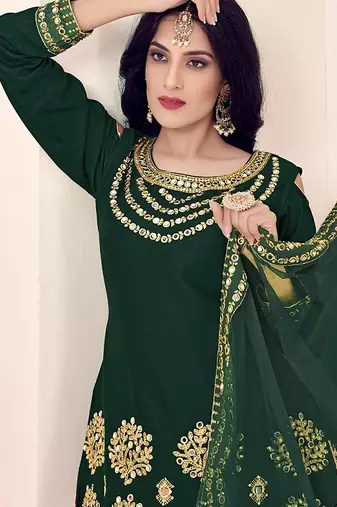 green silk blend embroidered sequined & plastic mirror semi stitched suit