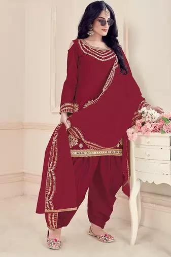 maroon silk blend embroidered sequined & plastic mirror semi stitched suit