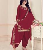 maroon silk blend embroidered sequined & plastic mirror semi stitched suit