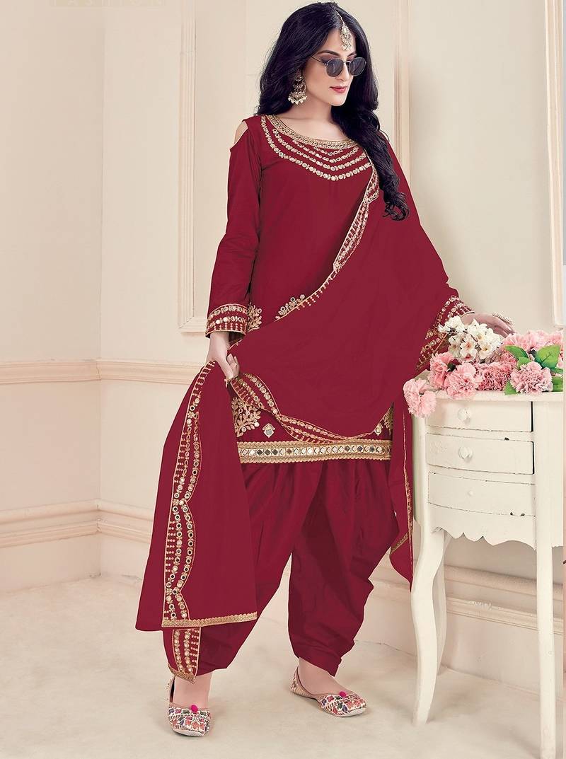 maroon silk blend embroidered sequined & plastic mirror semi stitched suit