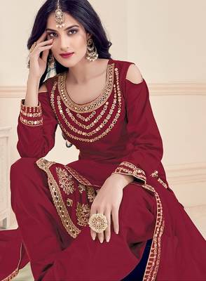 maroon silk blend embroidered sequined & plastic mirror semi stitched suit 2