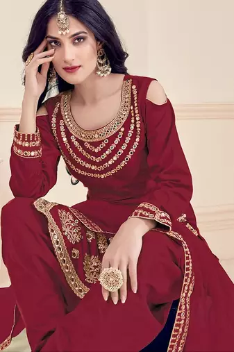 maroon silk blend embroidered sequined & plastic mirror semi stitched suit