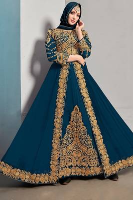 teal blue georgette zari & stone semi stitched suit 1
