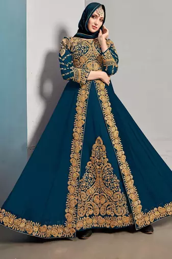 teal blue georgette zari & stone semi stitched suit