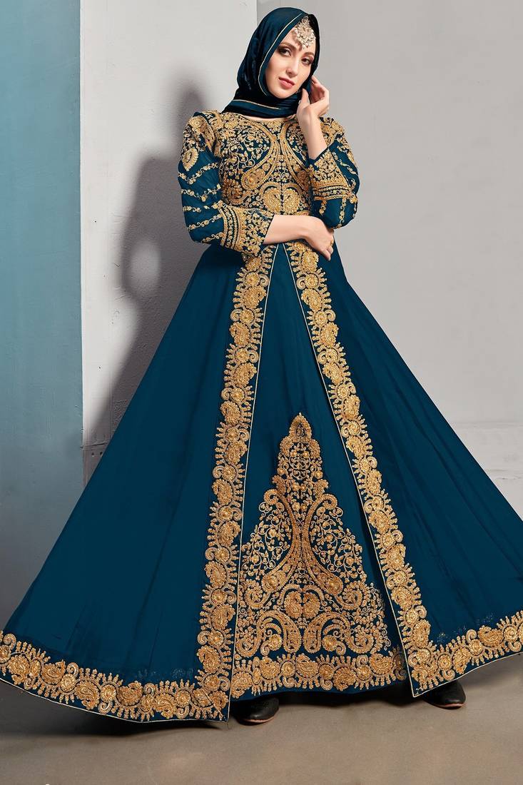 teal blue georgette zari & stone semi stitched suit