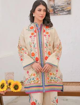 cream rayon printed semi stitched suit 2