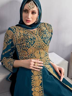 teal blue georgette zari & stone semi stitched suit 2