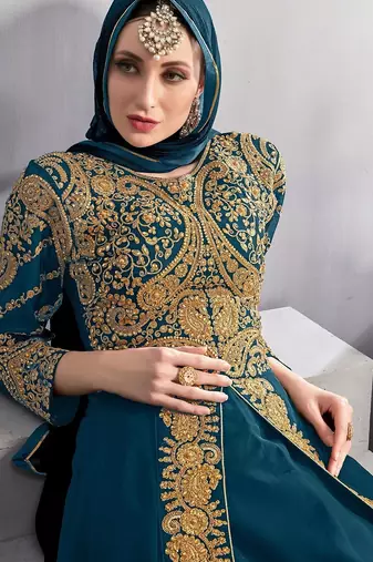 teal blue georgette zari & stone semi stitched suit