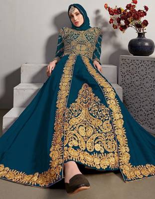 teal blue georgette zari & stone semi stitched suit 3