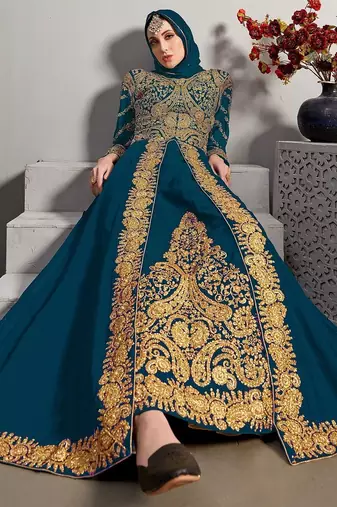 teal blue georgette zari & stone semi stitched suit