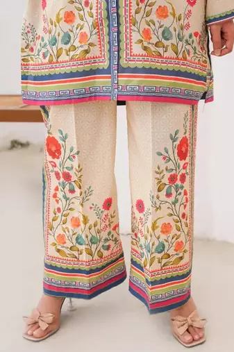 cream rayon printed semi stitched suit