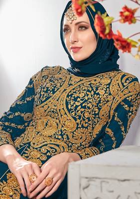 teal blue georgette zari & stone semi stitched suit 4