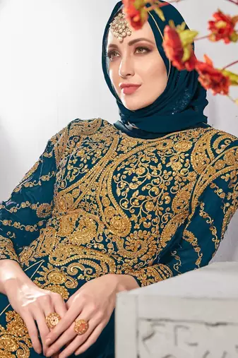 teal blue georgette zari & stone semi stitched suit