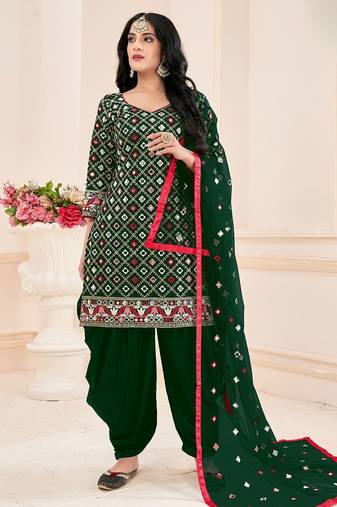 green cotton blend embroidered sequined & plastic mirror semi stitched suit