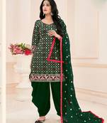 green cotton blend embroidered sequined & plastic mirror semi stitched suit
