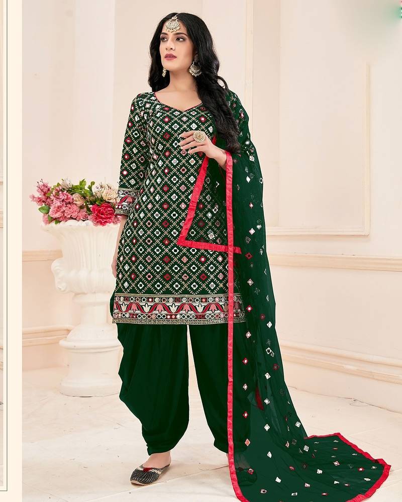 green cotton blend embroidered sequined & plastic mirror semi stitched suit
