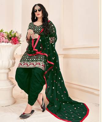 green cotton blend embroidered sequined & plastic mirror semi stitched suit 2
