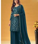 teal blue georgette embroidered & sequined semi stitched suit