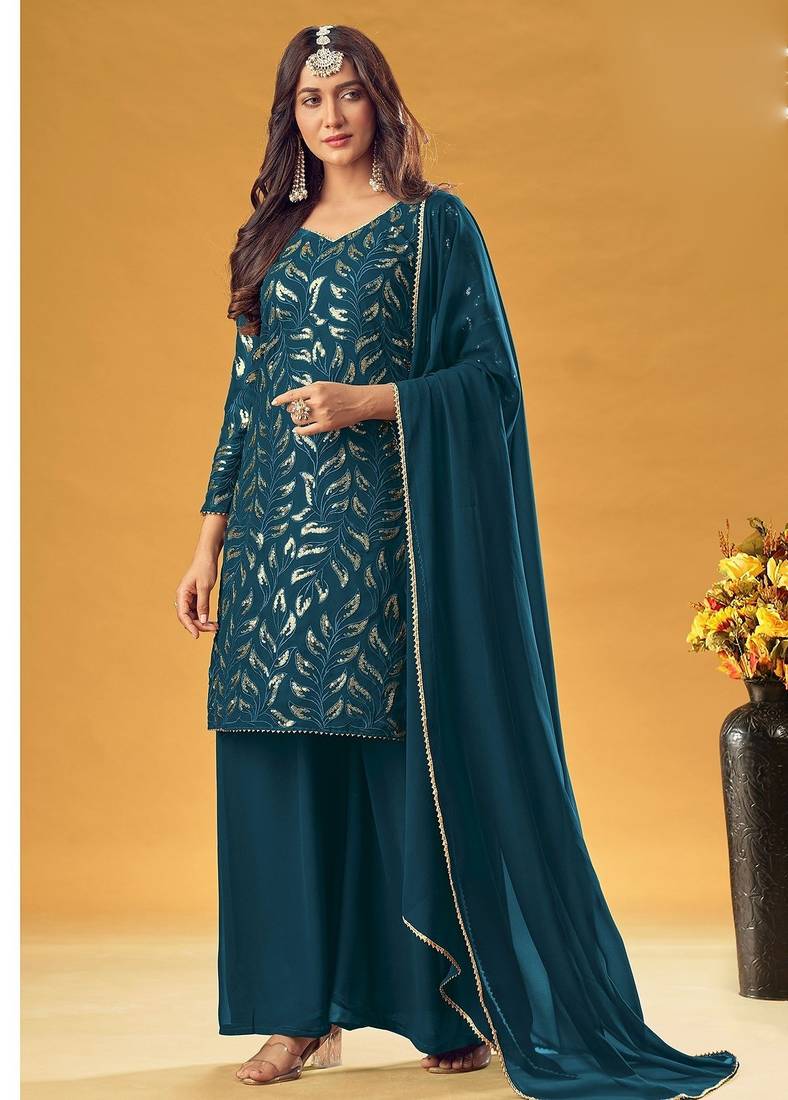 teal blue georgette embroidered & sequined semi stitched suit