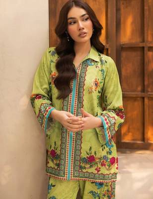 lime green rayon printed semi stitched suit 2