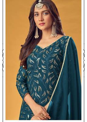 teal blue georgette embroidered & sequined semi stitched suit 2