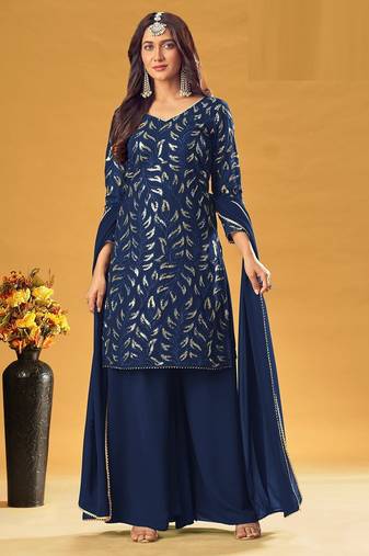 blue georgette embroidered & sequined semi stitched suit